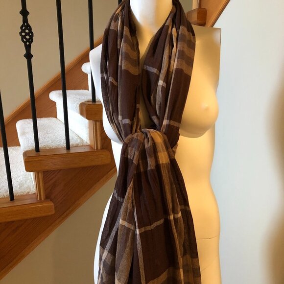 Casual Fall Plaid Check Polyester Scarf/Wrap Brown Tan Taupe White Sz OS - Picture 2 of 3